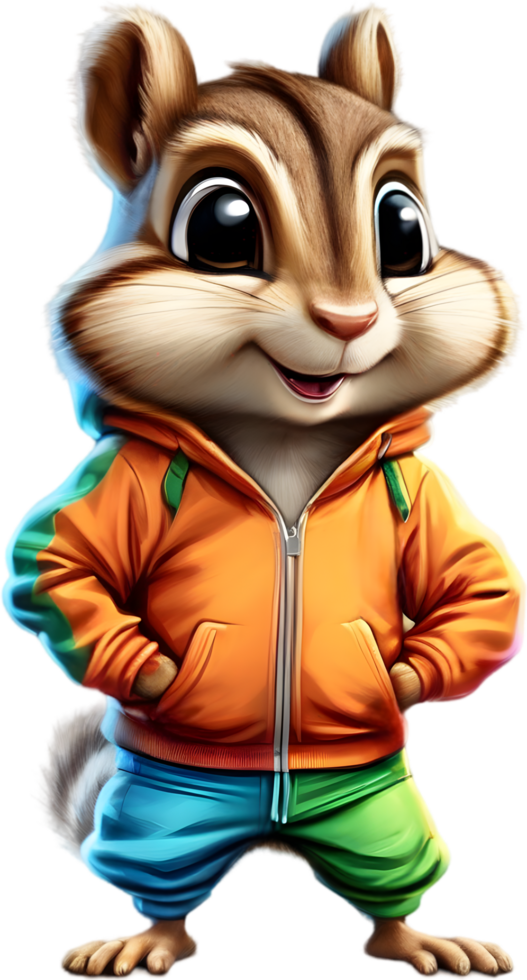 A cute chipmunk in a colorful tracksuit. AI-Generated. png