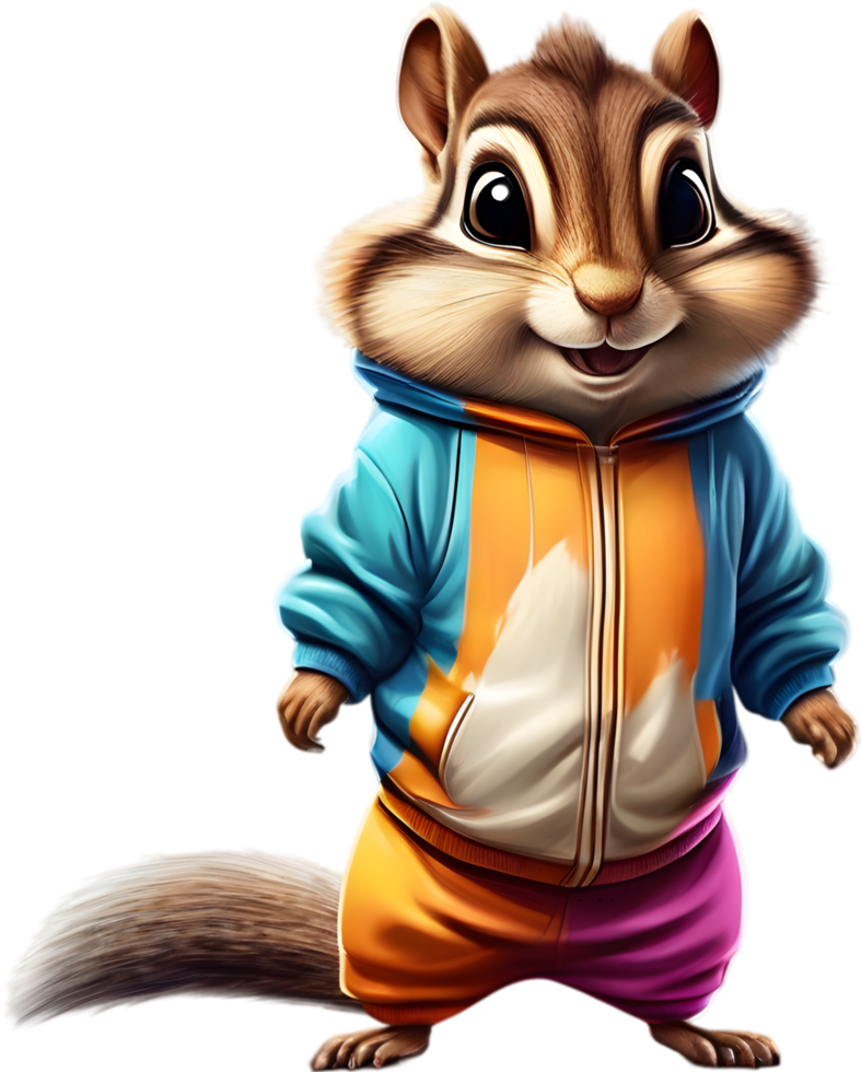 A cute chipmunk in a colorful tracksuit. AI-Generated. png