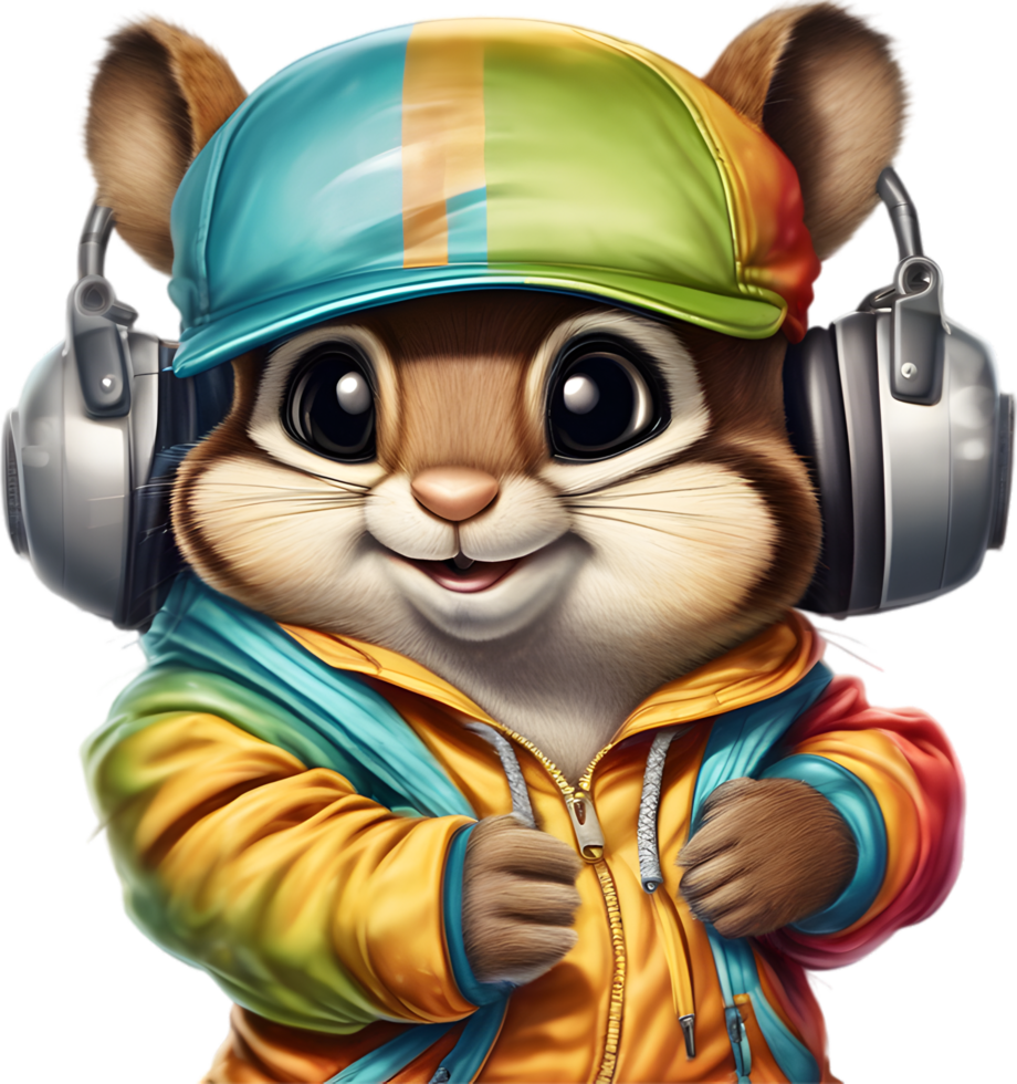 A cute chipmunk in a colorful tracksuit. AI-Generated. png