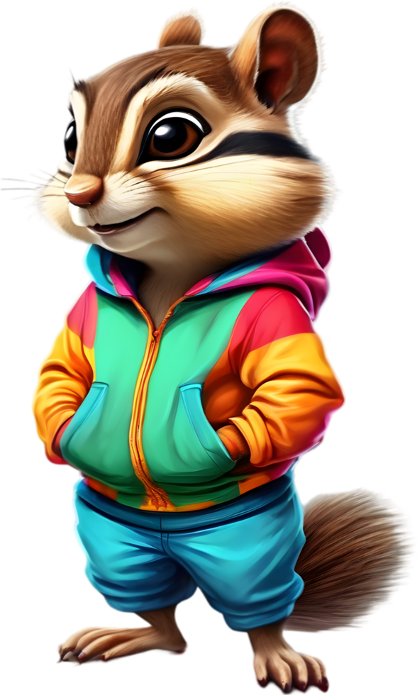 A cute chipmunk in a colorful tracksuit. AI-Generated. png
