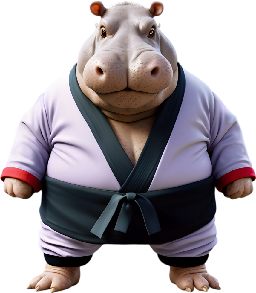 A cute fat hippo wearing a karate costume. png