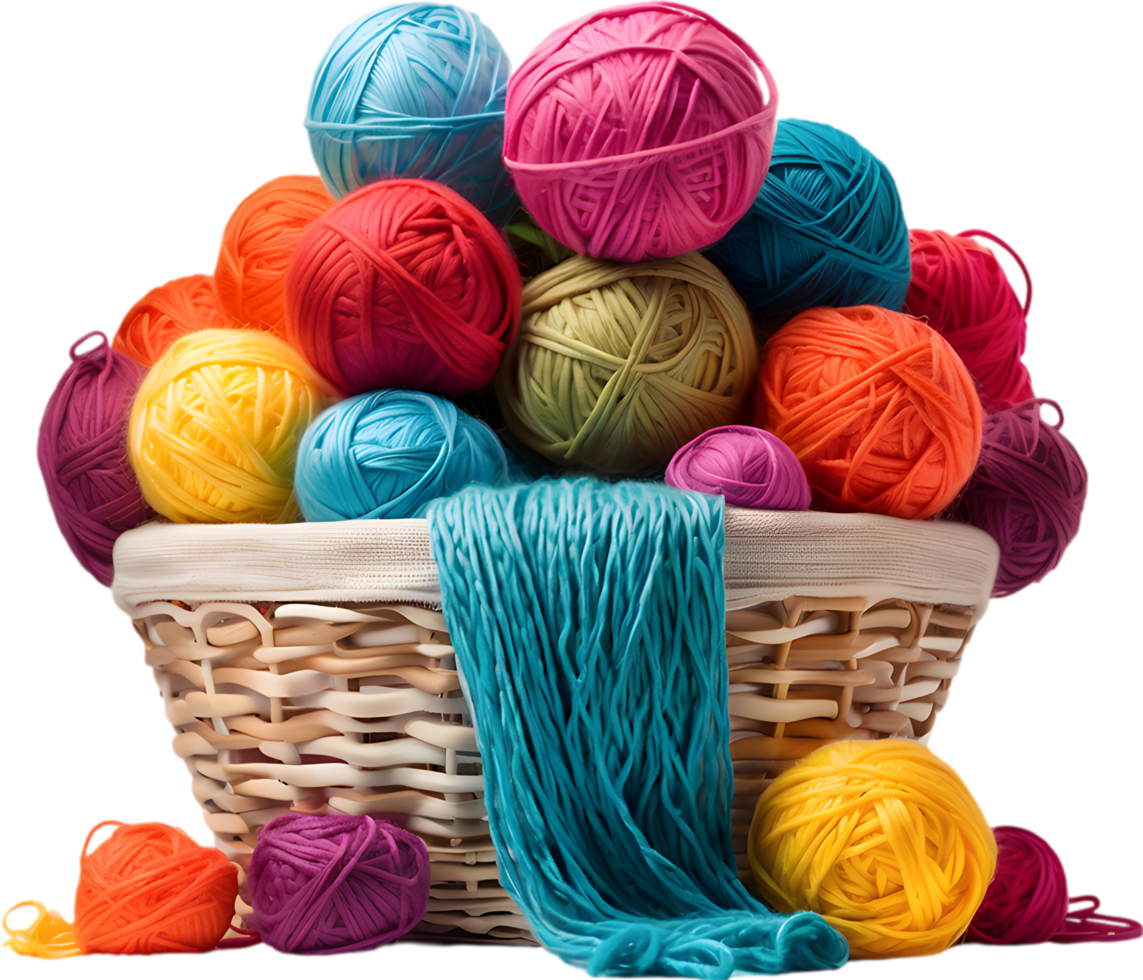 a basket overflowing with colorful yarn balls. Ai-generated. png