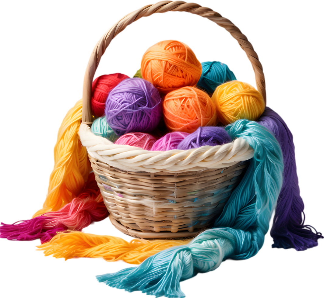 a basket overflowing with colorful yarn balls. Ai-generated. png