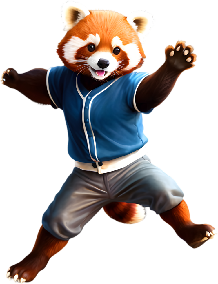 A cute red panda wearing a baseball uniform. AI-Generated. png