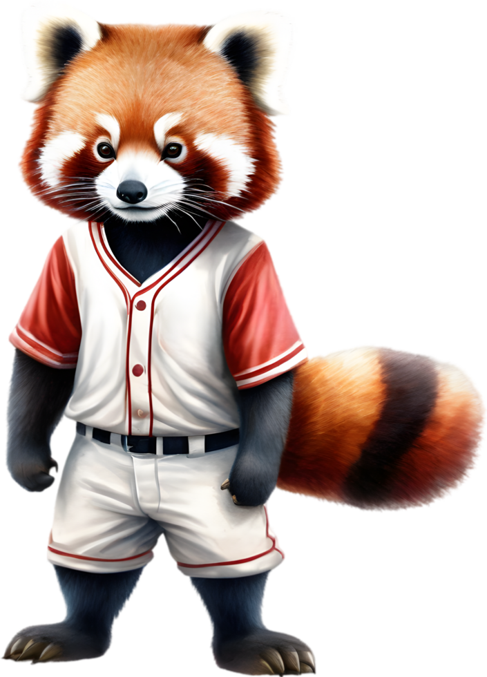 A cute red panda wearing a baseball uniform. AI-Generated. png