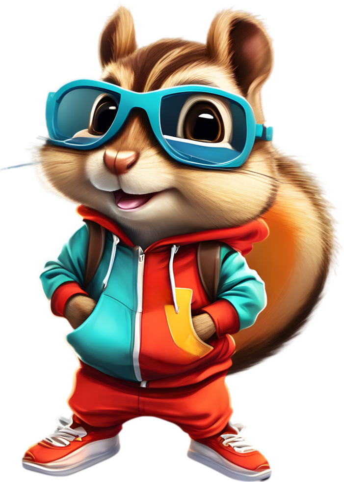 A cute chipmunk in a colorful tracksuit. AI-Generated. png