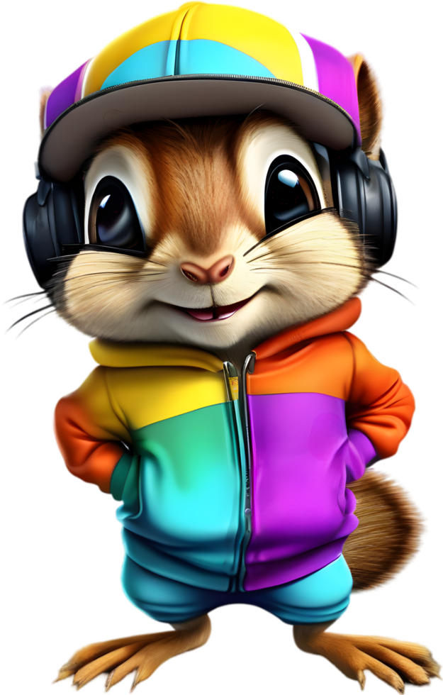 A cute chipmunk in a colorful tracksuit. AI-Generated. png