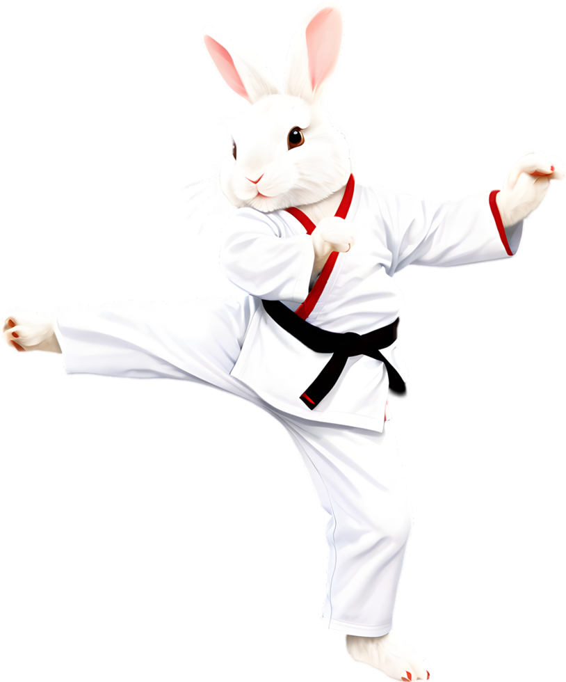 A fluffy white bunny wearing a karate gi. AI-Generated. png