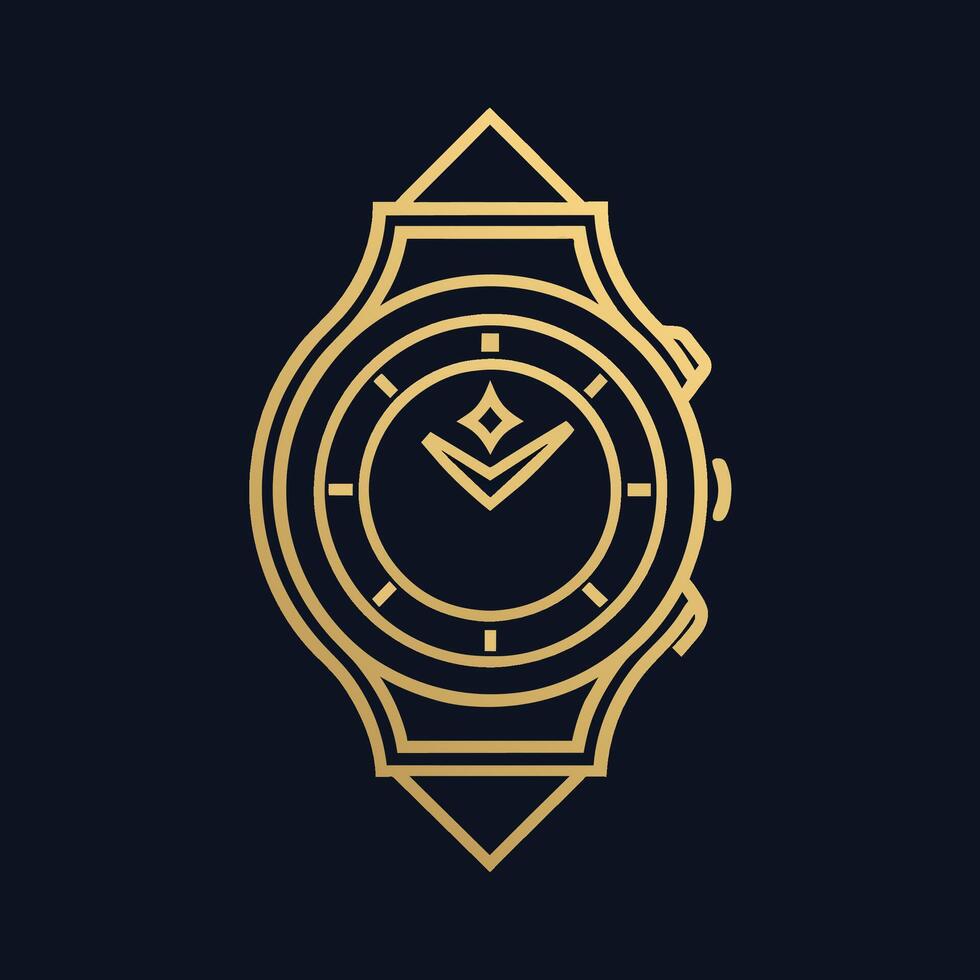 A luxurious gold watch set against a sleek black backdrop, showcasing its elegant design and detail, Design a simple and elegant logo for a luxury watch boutique using just a line vector