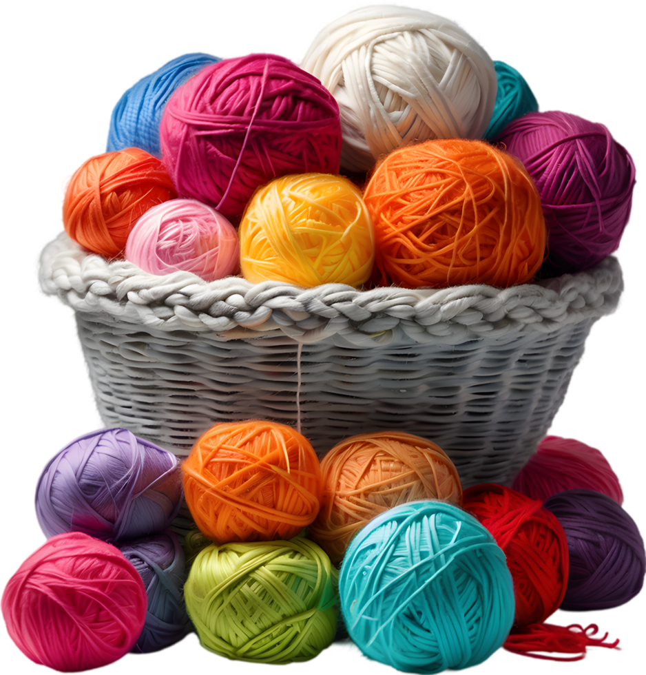 a basket overflowing with colorful yarn balls. Ai-generated. png