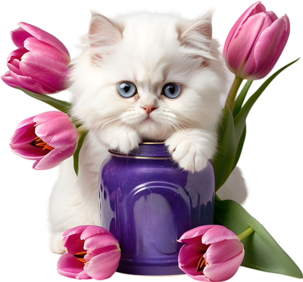 A fluffy white kitten and tulip flower. AI-Generated. png