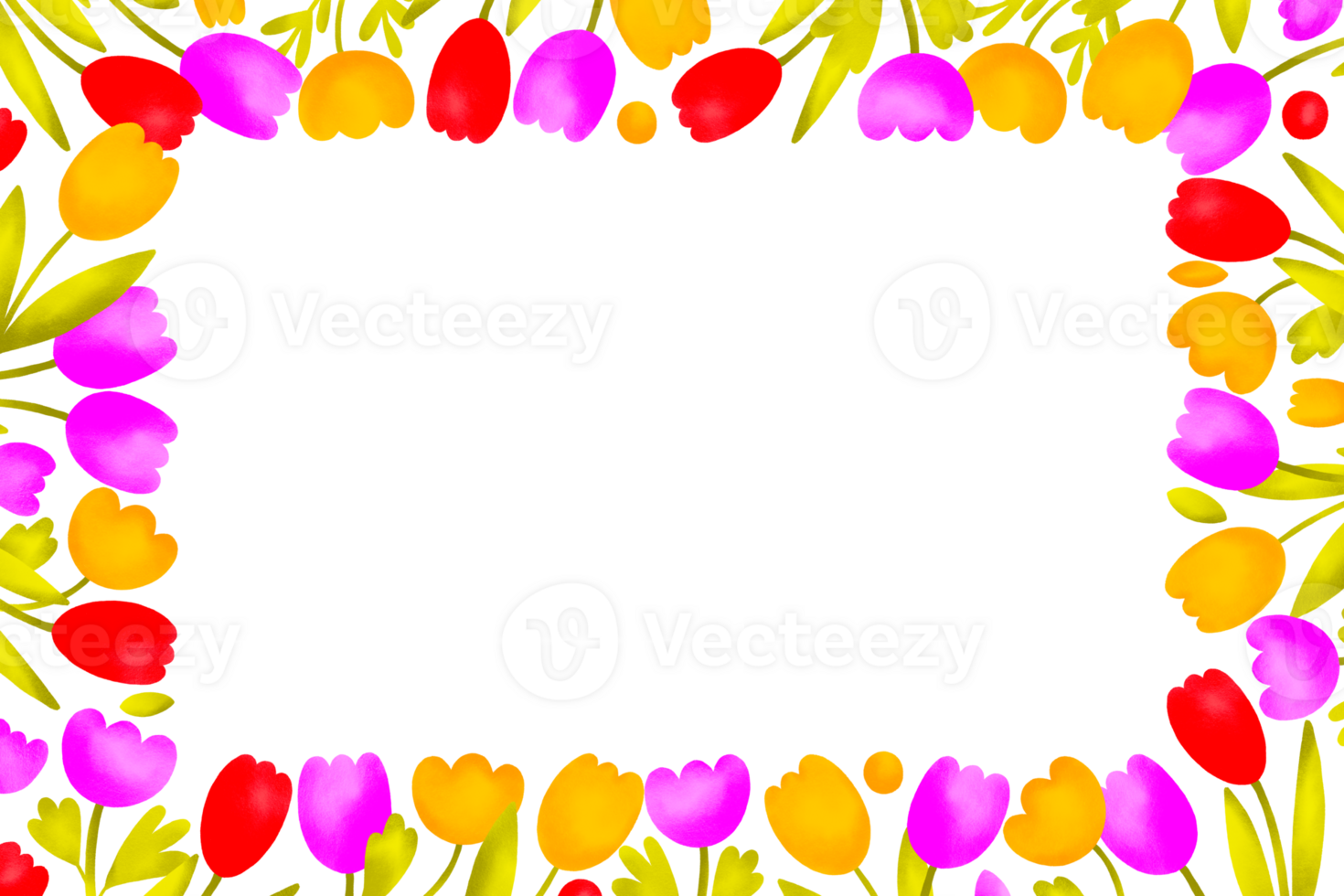 Botanical horizontal frame with bright blooming flowers. Spring card for design and print. Invitation for children's party. Isolated card png
