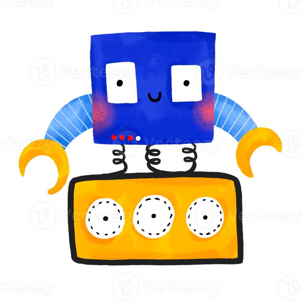 Funny comic robot with electronic hands and wheels. Cartoon computer character on isolated background. Kids illustration png