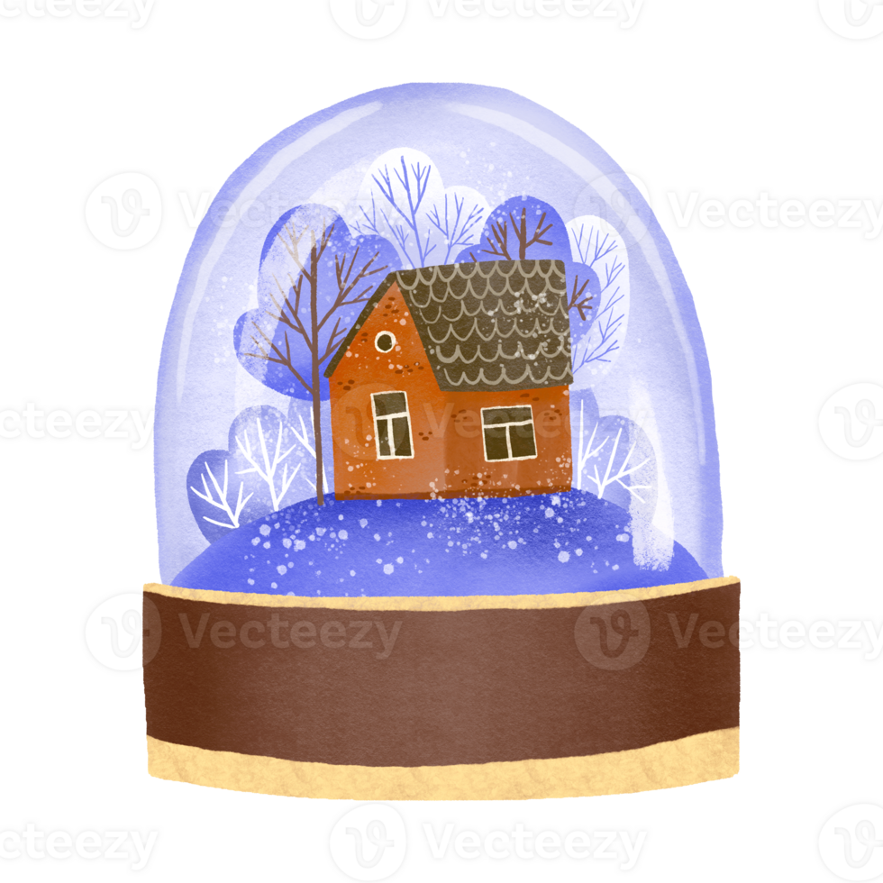 Christmas glass snow globe with fir trees and house. Snow ball. Xmas platform podium. Holiday card. Hand drawn illustration png