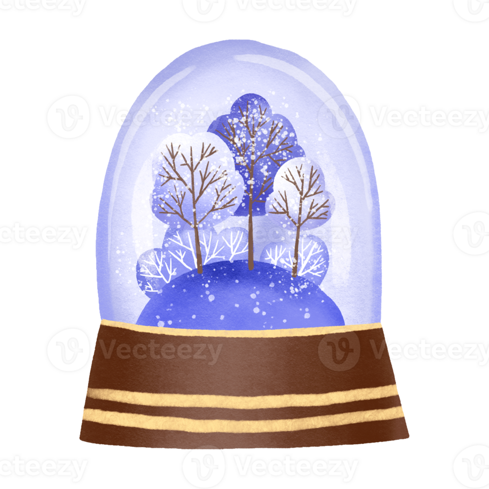 Christmas glass snow globe with fir trees. Snowy forest. Xmas platform podium. Holiday card. Hand drawn illustration png