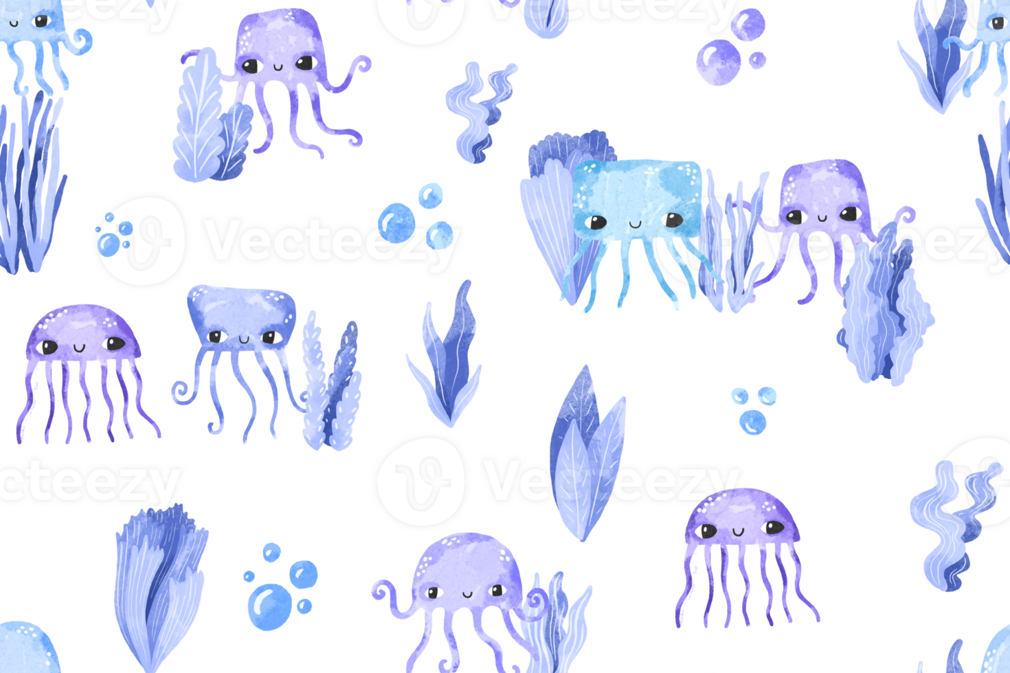 Seamless pattern with blue jellyfish and algae. Undersea world. Background for children. Ideal for textiles, wrapping paper, children's room png