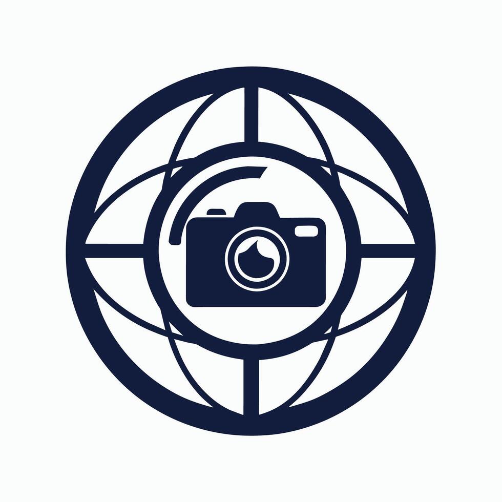 silueta cámara encierra globo en circulo en contra blanco fondo, sencillo silueta de un cámara con un globo adentro, minimalista logo vector