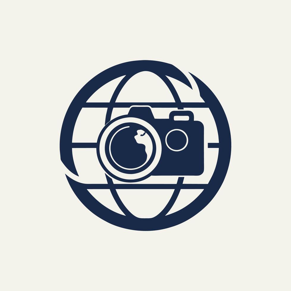 A camera sitting on top of a globe against a plain background, Simple silhouette of a camera with a globe inside, minimalist logo vector