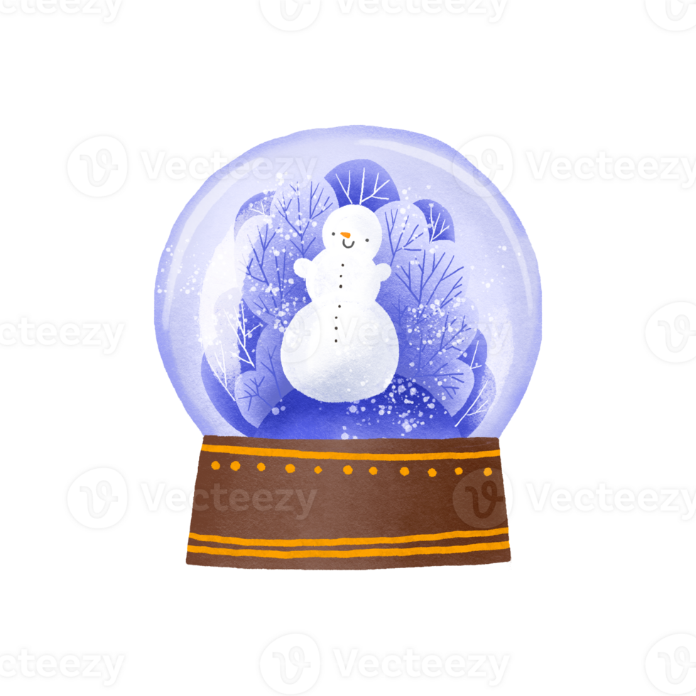 Natal vidro neve globo com abeto árvores e boneco de neve. neve bola. natal plataforma pódio. feriado cartão. mão desenhado ilustração png