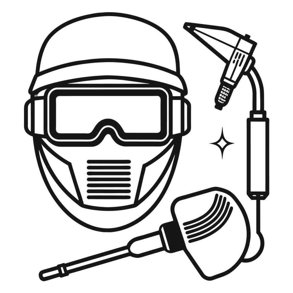 simplificado negro y blanco dibujo presentando un casco, gafas de protección, y varios herramientas para soldadura y proteccion, un ingeniero pruebas fuera un prototipo en un lo último pruebas instalaciones vector