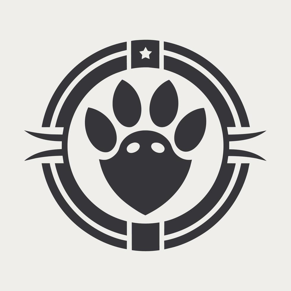 Black and white bear paw print, showcasing the distinctive shape and texture of the bears paw, Monochromatic logo with a subtle pet-related symbol, minimalist logo vector