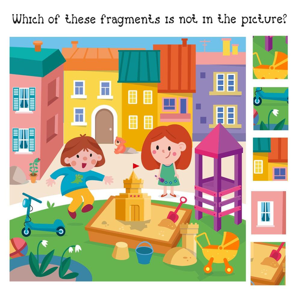 Puzzle game for kids. Children on playground in summer. Find fragments. Cartoon illustration. illustration. vector