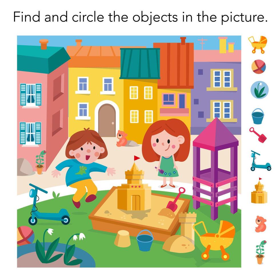 Puzzle game for kids. Children on playground in summer. Sandbox and castle. Cartoon illustration. illustration. vector