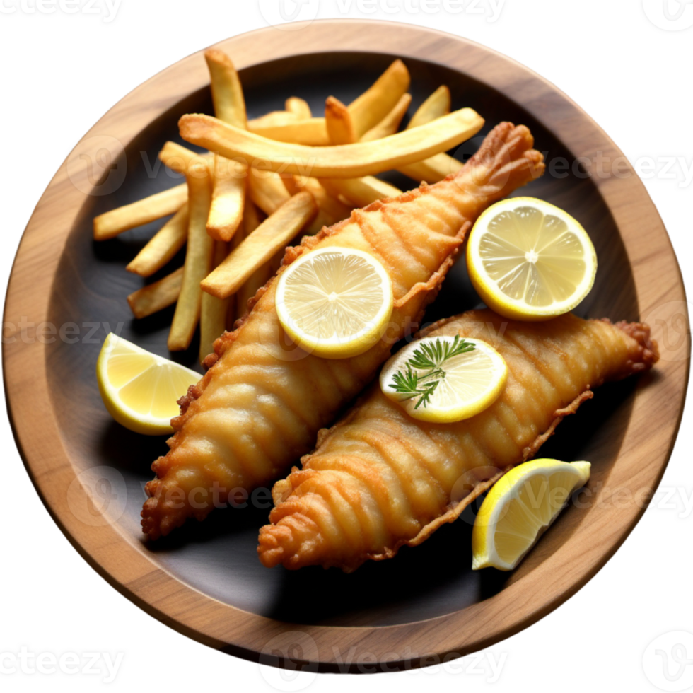 Delicious fried fish and chips with lemon and dipping sauce on wooden plate png