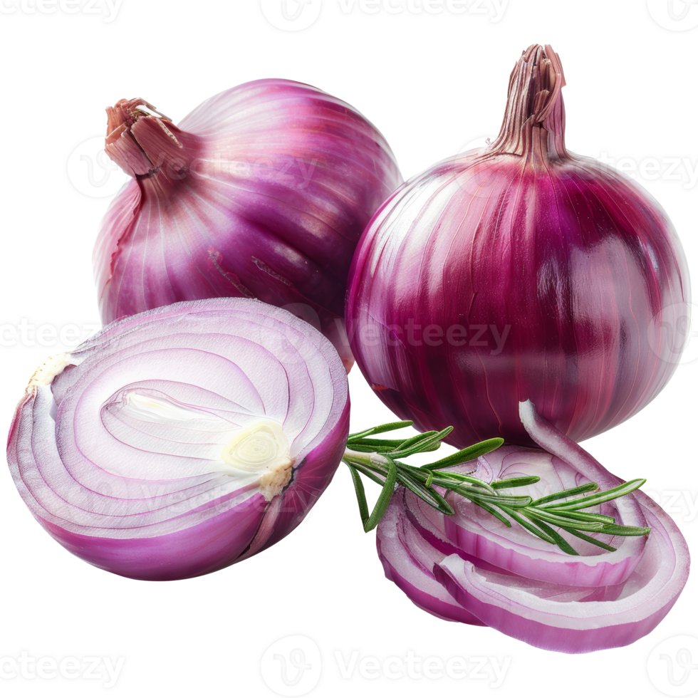 Realistic whole and cut red onions, transparent background png