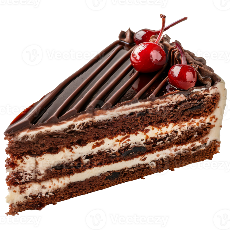 A slice of chocolate cake with a cherry on top, on a transparent background png