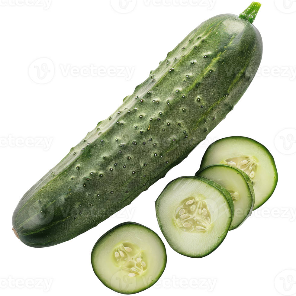 Realistic raw and cut cucumber, transparent background png