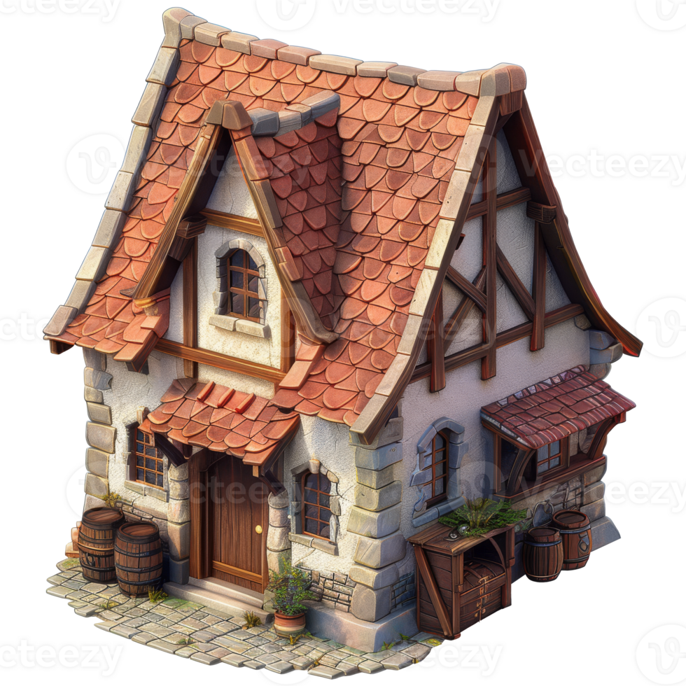 isométrica fantasía medieval casa, 3d dibujos animados, transparente antecedentes png