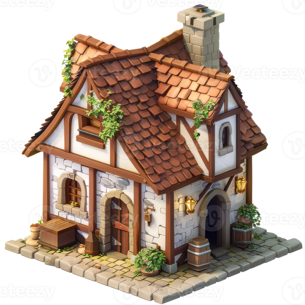 Isometric fantasy medieval house, 3d cartoon, transparent background png