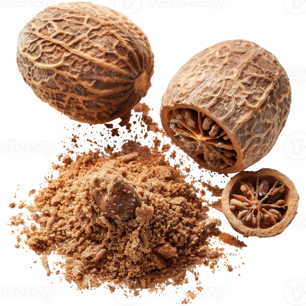 Realistic dry nutmeg and powder, transparent background png