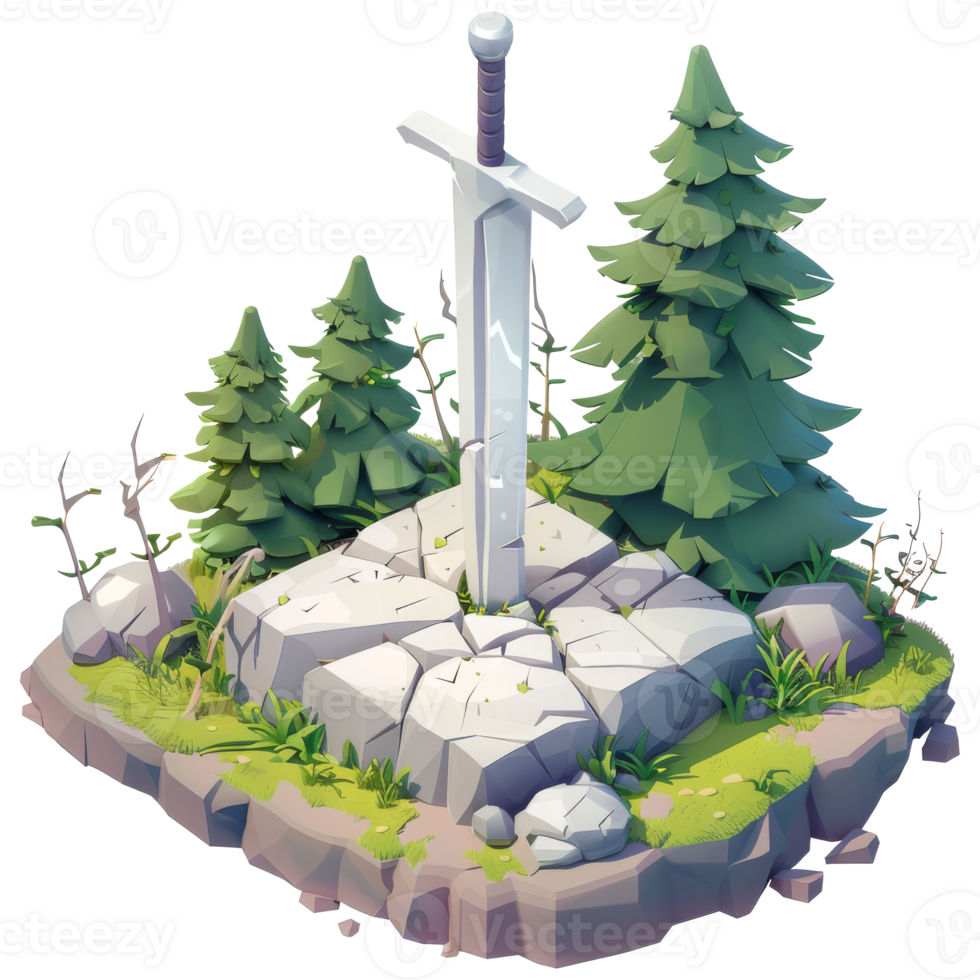 Sword stuck in stone, medieval fantasy, 3d cartoon, transparent background png