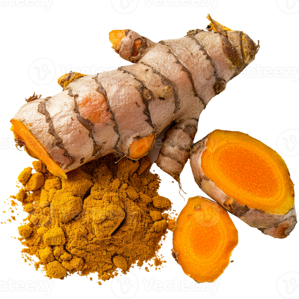 Realistic whole turmeric, powdered and cut, transparent background png