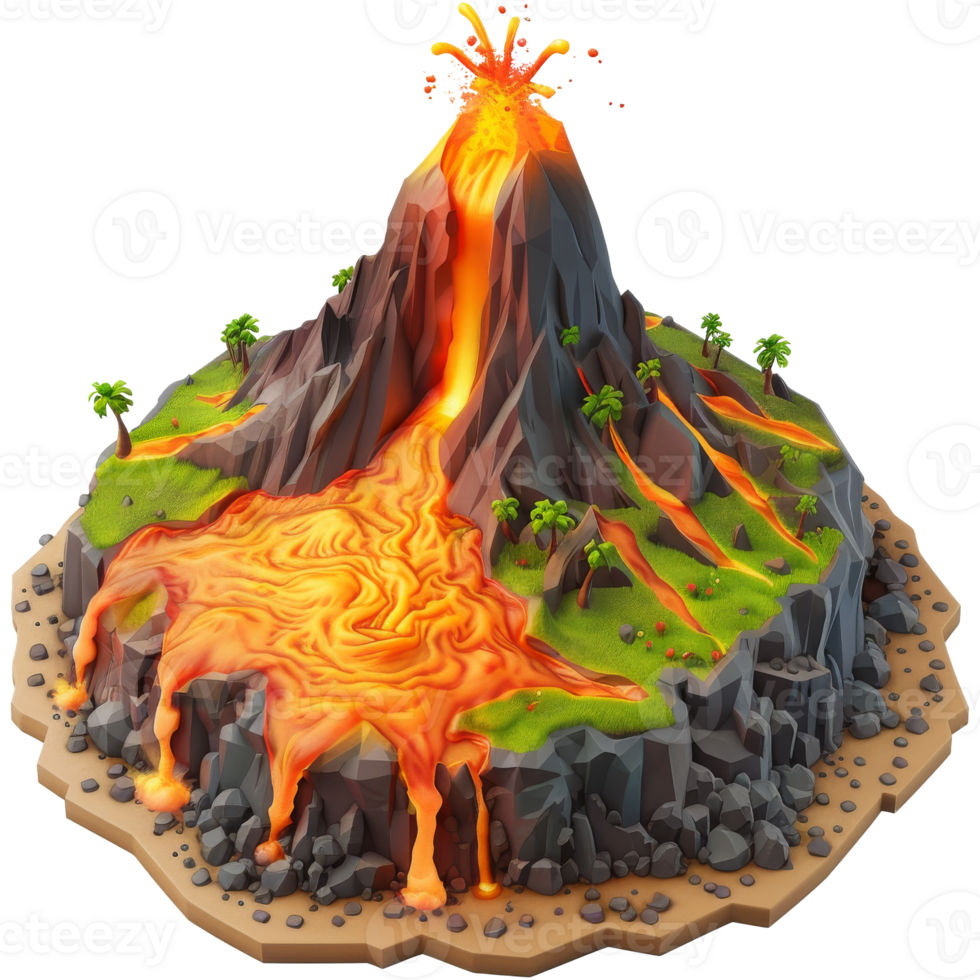 Island with flowing hot lava mountain, 3d cartoon isometric, transparent background png