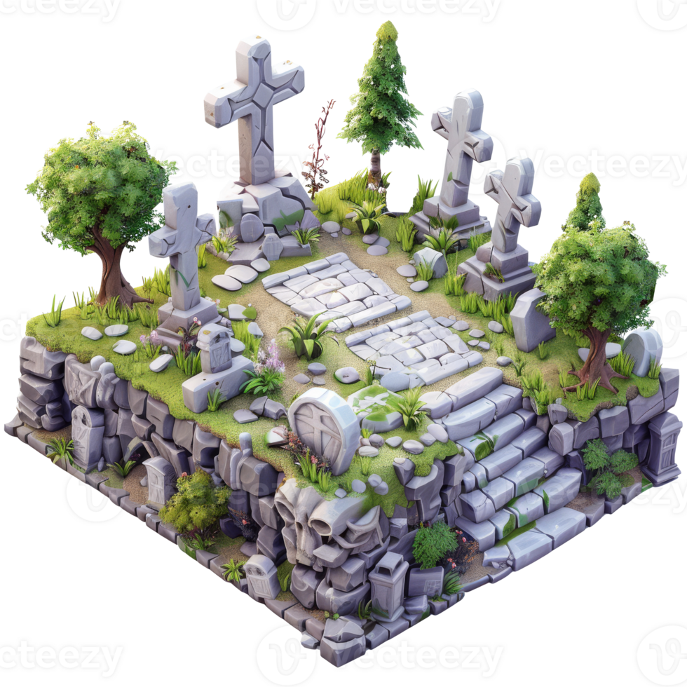 begraafplaats met meerdere grafstenen, middeleeuws, 3d isometrische tekenfilm, transparant achtergrond png