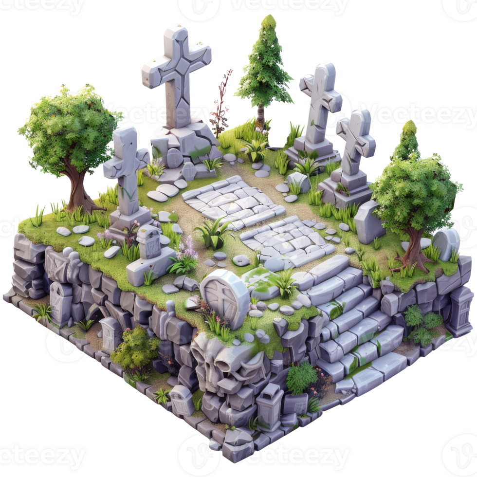 Cemetery with several tombstones, medieval, 3d isometric cartoon, transparent background png