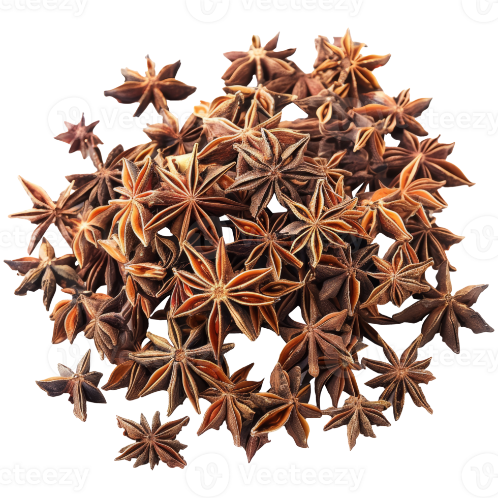 Pile of realistic dried star anise flowers, transparent background png