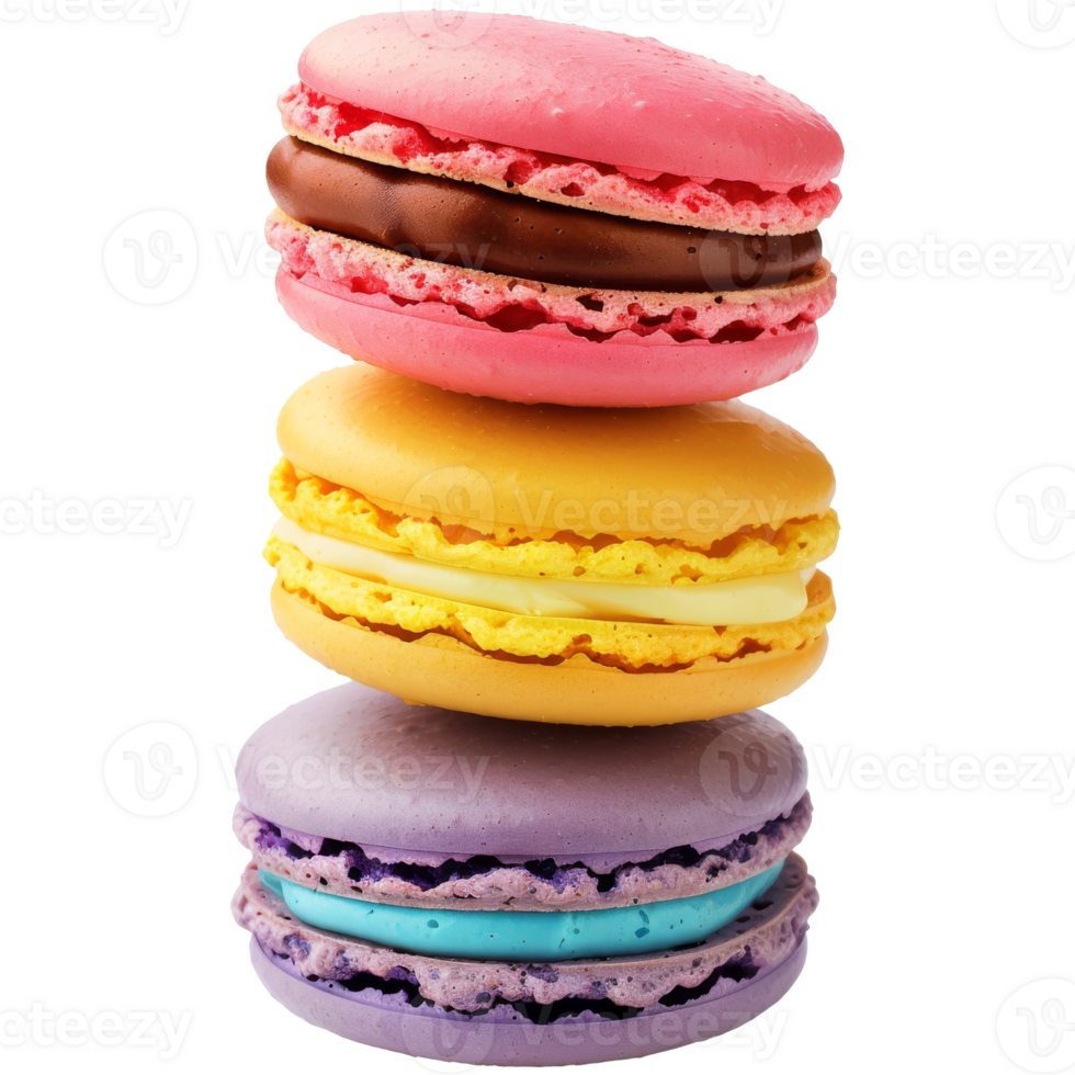 Stack of brightly colored macaroons, on a transparent background png