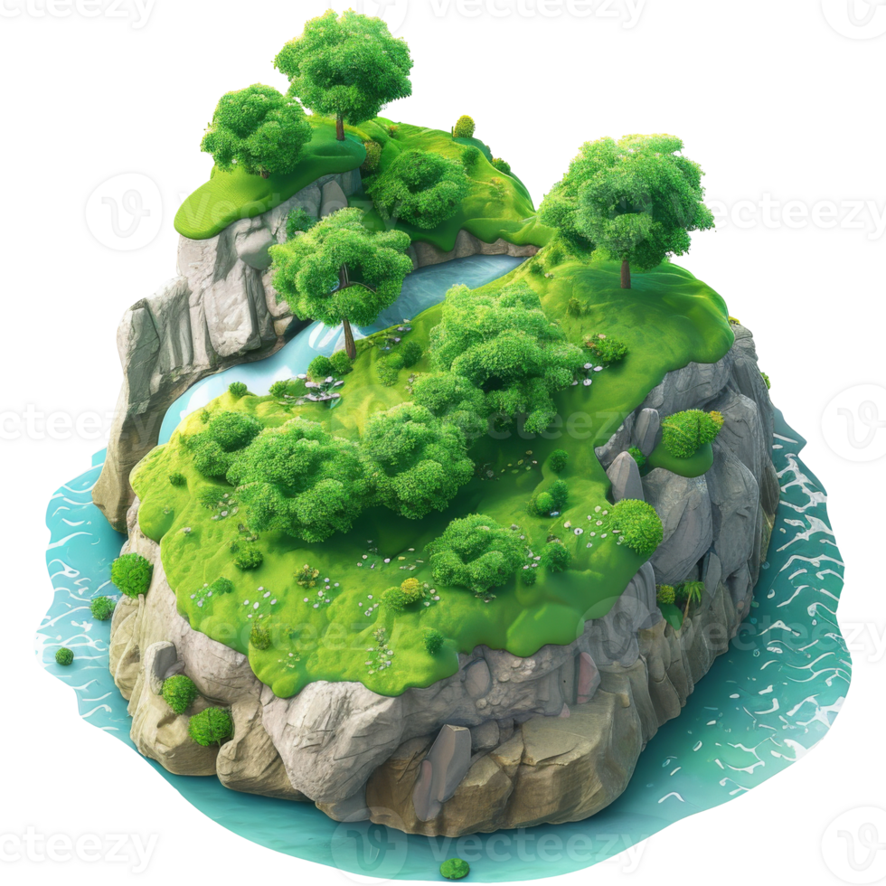 Green island with hills flowing water, 3d cartoon isometric, transparent background png