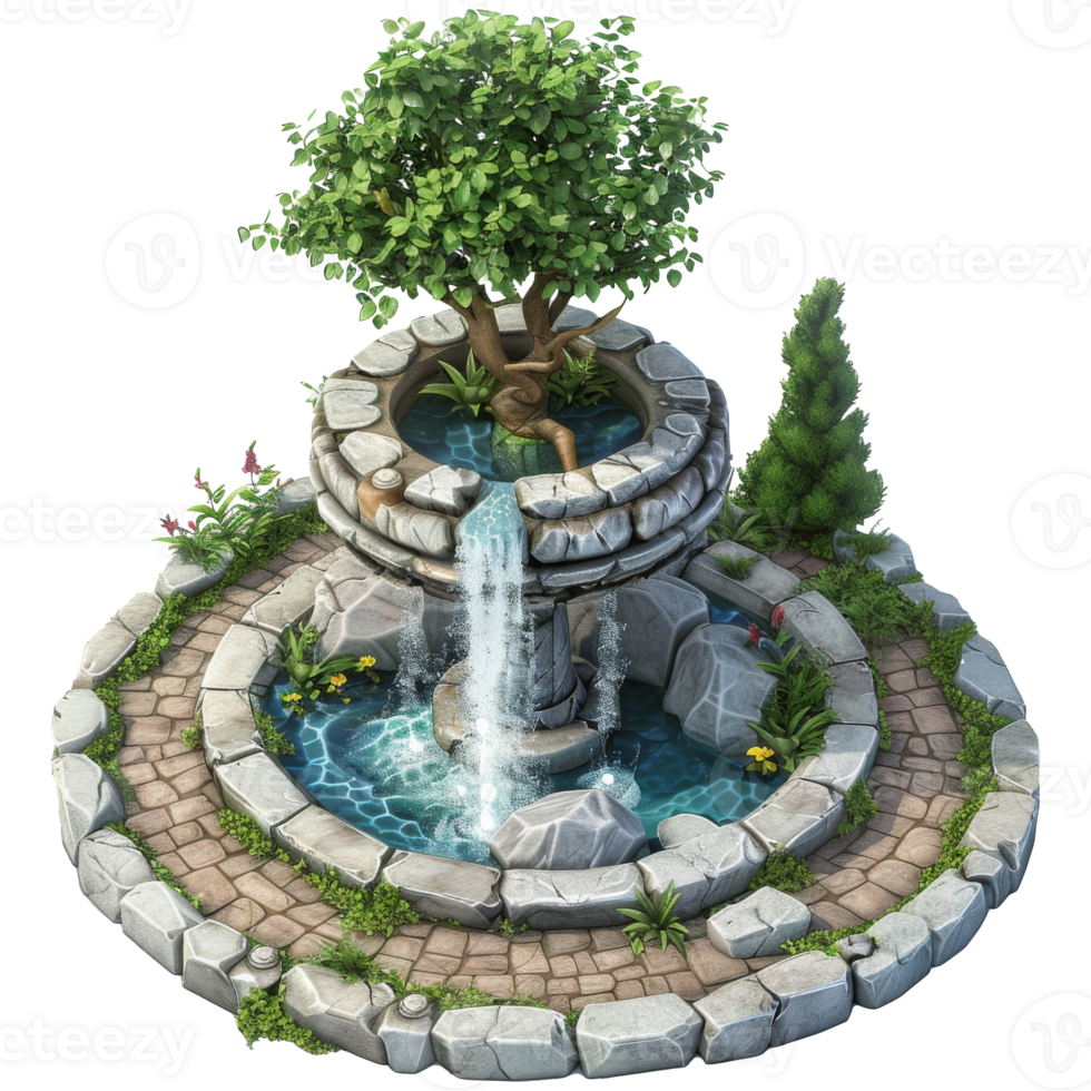 Isometric fantasy medieval garden fountain, 3d cartoon, transparent background png