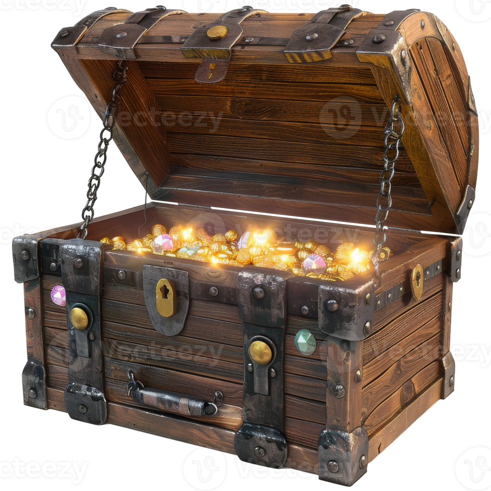 Treasure chest containing open gold and jewelry, transparent background png