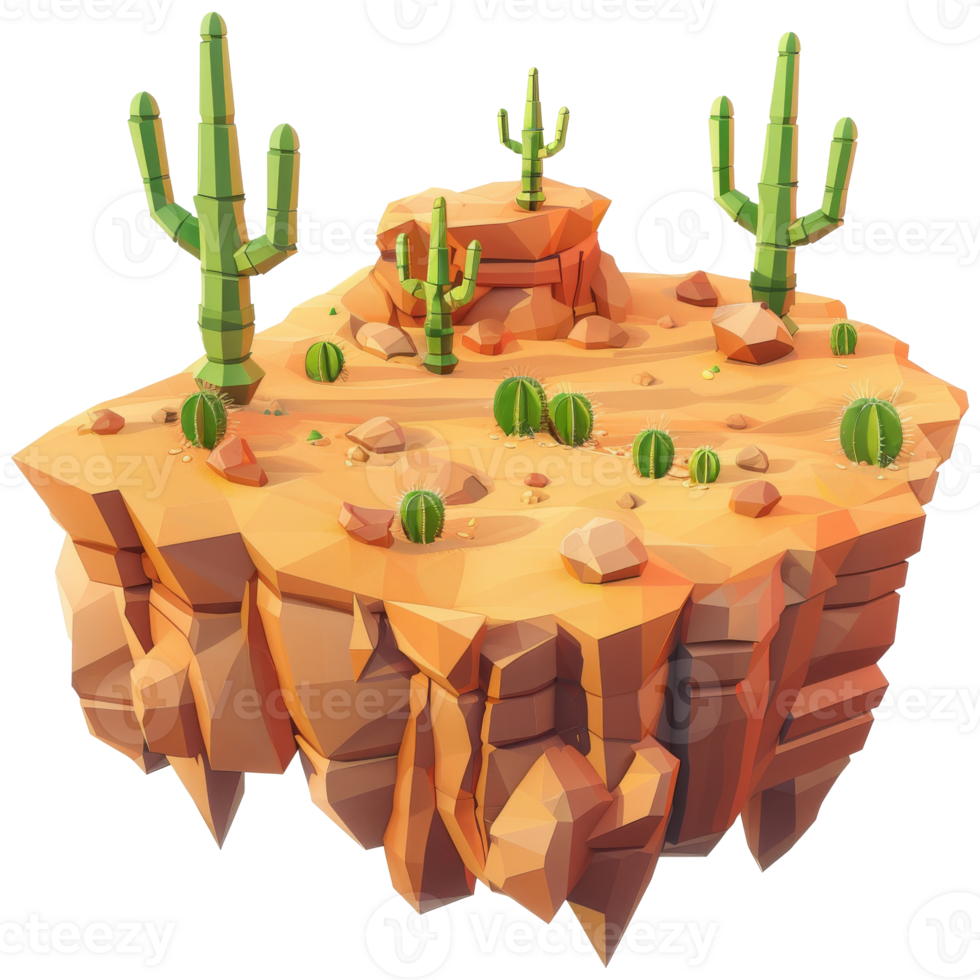 Arid desert island, overgrown with cactus trees, isometric, 3d cartoon png