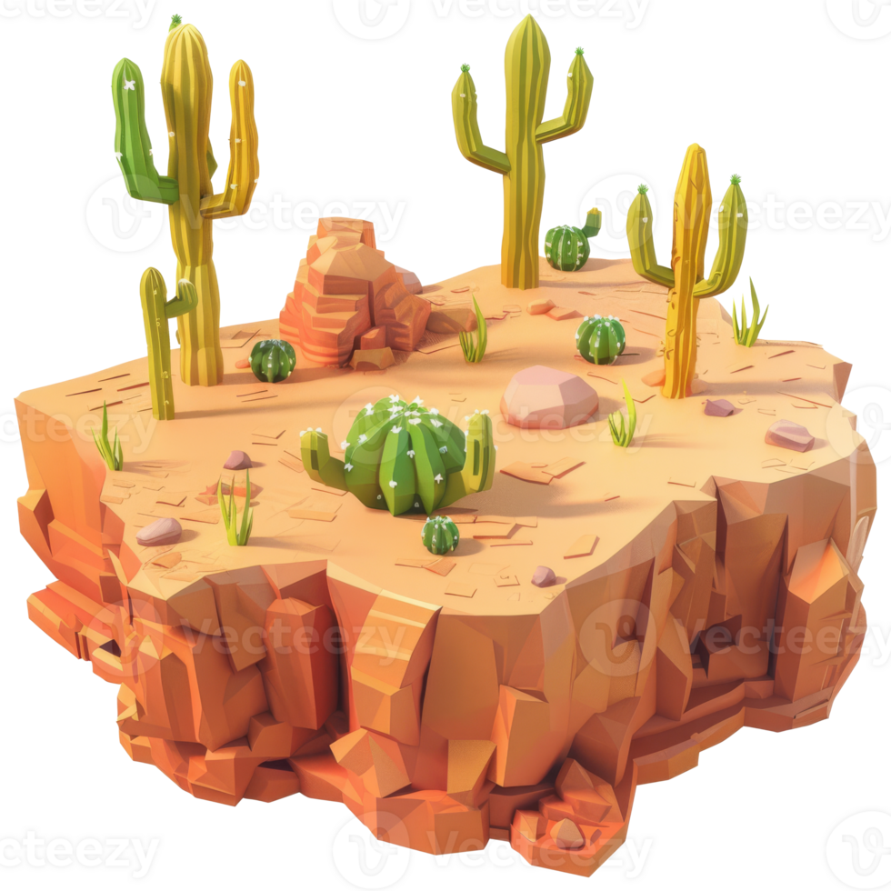 Arid desert island, overgrown with cactus trees, isometric, 3d cartoon png