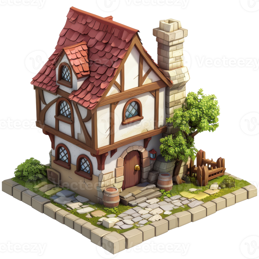 Isometric fantasy medieval house, 3d cartoon, transparent background png