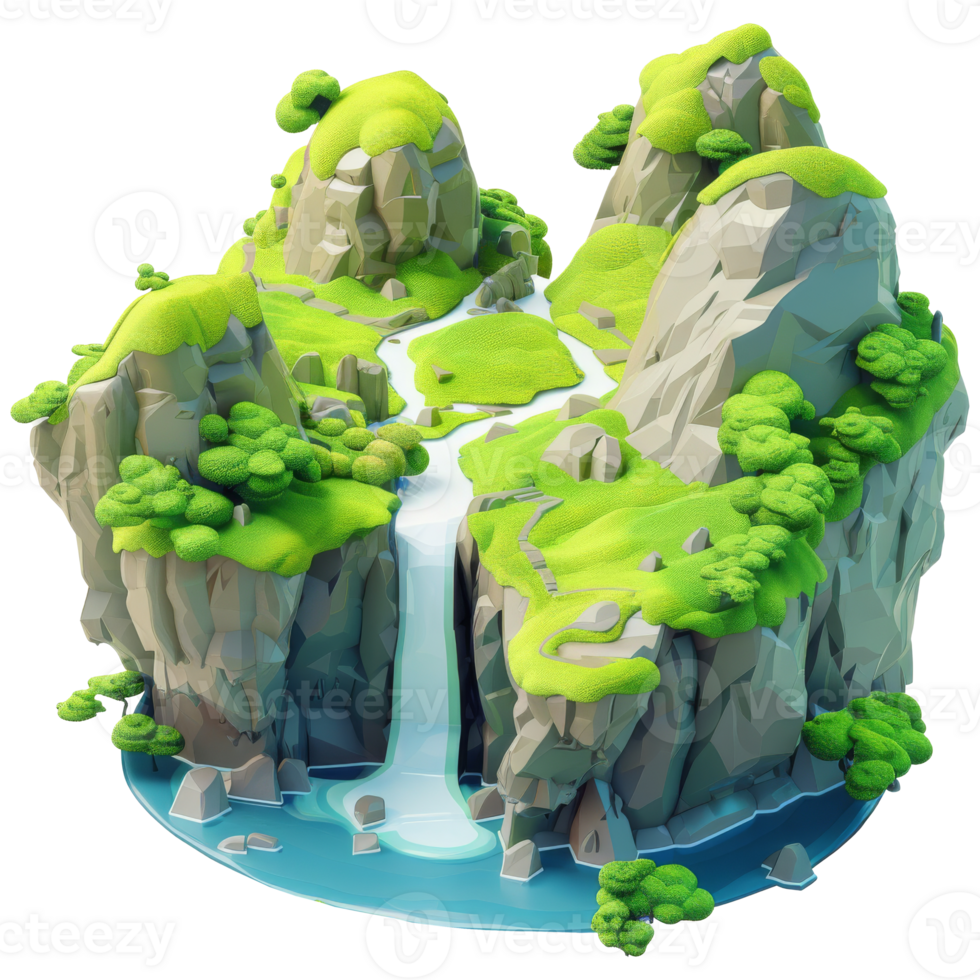 Green island with hills flowing water, 3d cartoon isometric, transparent background png