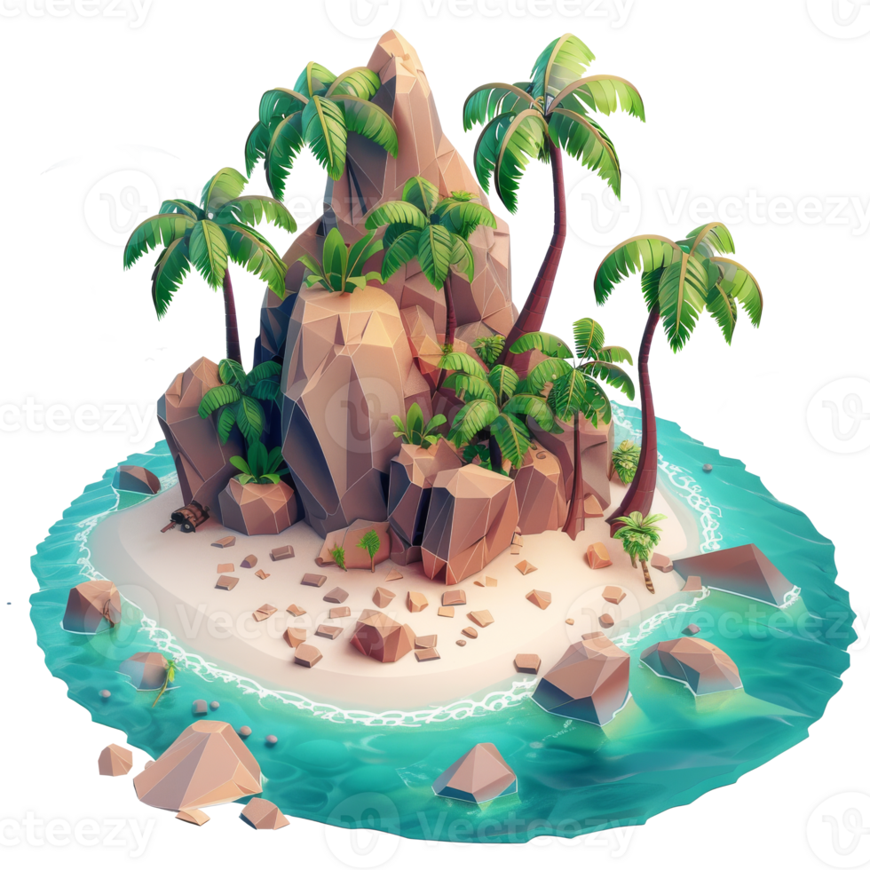 tropical isla con playa y Coco arboles isométrica, 3d dibujos animados, transparente antecedentes png