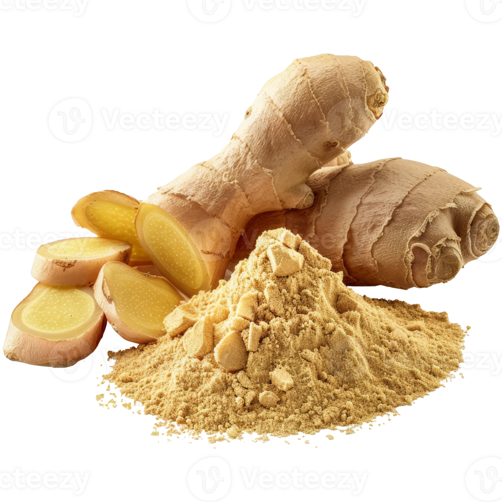 Realistic whole ginger, powdered and cut, transparent background png